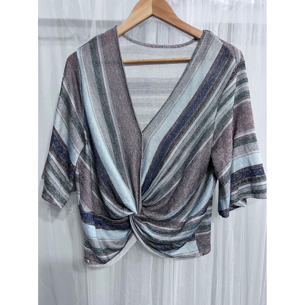 Womens Striped Twist Front V-Neck Knit Top Blue Grey Brown Short Sleeve Relaxed